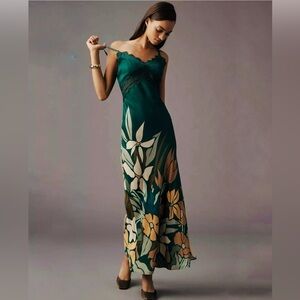 Anthropologie -bl-nk- label Emerald Green Satin Floral Maxi Dress